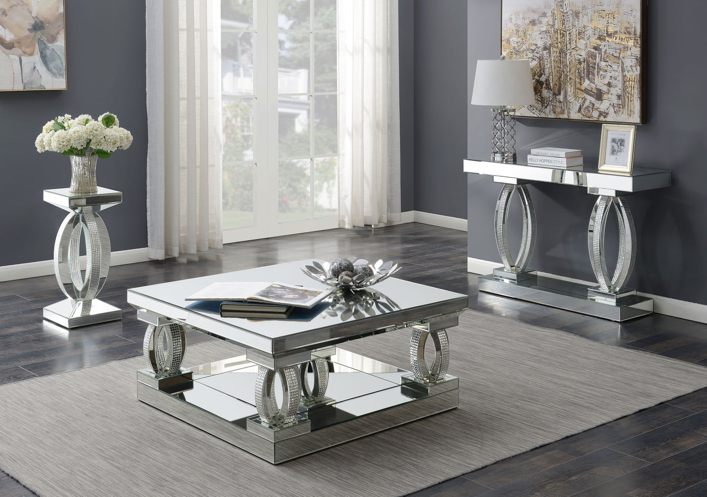 Amalia Square Coffee Table with Lower Shelf Clear Mirror